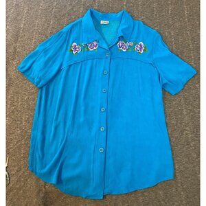 Liz Baker Womens Size 2X Blue Floral Button-Up Short Sleeve Blouse Top Shirt